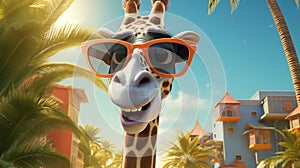 A cartoon art style image of a goofy giraffe wearing sunglasses, with its long neck wrapped around a palm tree by AI generated