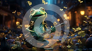 cartoon art style image of a lively frog playing a tiny saxophone, surrounded by jazzy atmosphere by AI generated