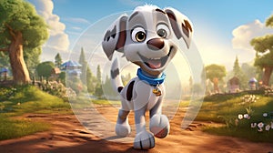 A cartoon art style image of a playful dog wearing roller skates, zooming through a park with a wagging tail by AI generated