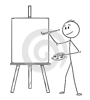 Cartoon of Artist With Brush and Palette Ready to Paint on the Canvas on Easel