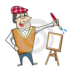 Cartoon artist with paintbrush and canvas easel