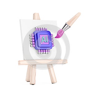 Cartoon Artist Paintbrush with Easel and AI Powered Microchip CPU Processor Web Icon. 3d Rendering