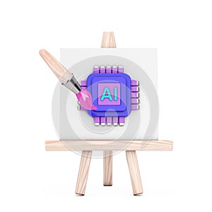 Cartoon Artist Paintbrush with Easel and AI Powered Microchip CPU Processor Web Icon. 3d Rendering