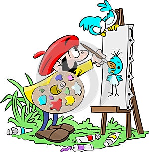 Cartoon artist working on a canvas painting a picture of his blue bird friend vector illustration