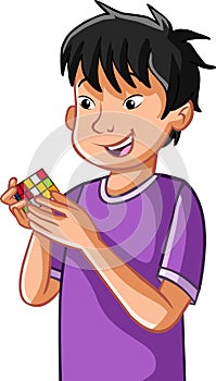 Cartoon asian boy playing with rubik`s cube.