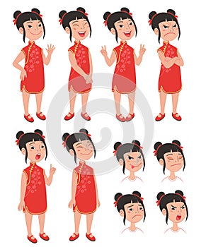 Cartoon Asian girl character in Chinese traditional red cheongsam dress model sheet.