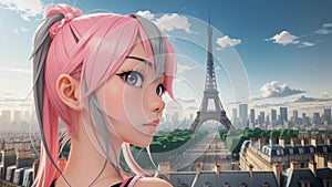 A cartoon asian girl with pink and gray hair, perfect symmetrical face and big eyes is in Paris near Eiffel Tower