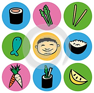 Cartoon Asian sushi food circle icon set