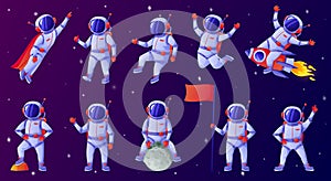Cartoon astronaut. Cosmonaut waving hand, holding flag, dancing, sitting on moon, riding rocket. Spaceman in outer space