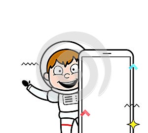 Cartoon Astronaut with empty cell phone screen