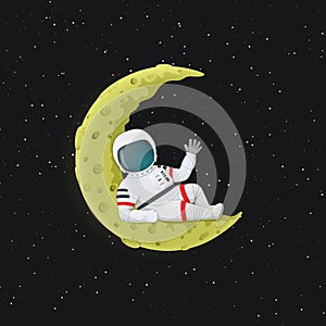 Cartoon astronaut lying and waving on the  yellow crescent Moon. Outer space with stars in the background.