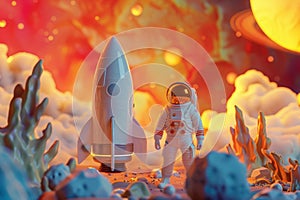 Cartoon astronaut near small rocket on an alien planet