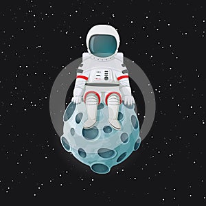 Cartoon astronaut sitting on the Moon. Outer space and stars in the background.