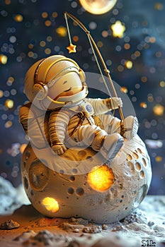 A cartoon astronaut is sitting on a moon rock
