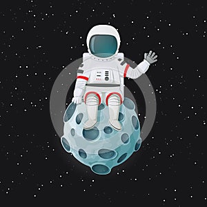 Cartoon astronaut sitting on the Moon waving. Outer space and stars in the background.