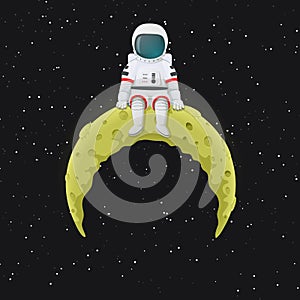 Cartoon astronaut sitting on top of the yellow crescent Moon. Outer space with stars in the background.