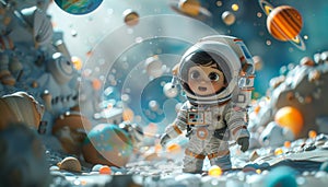 A cartoon astronaut is standing in front of a pile of planets by AI generated image