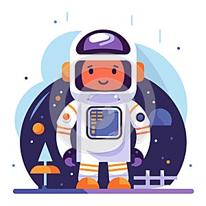 Cartoon astronaut standing on moon surface with space background. Smiling character in space suit exploring cosmos