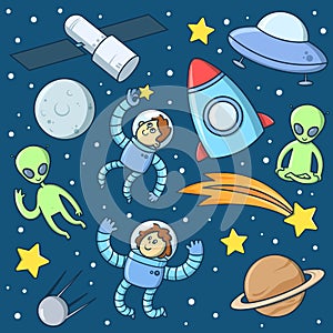 Cartoon astronauts, aliens, rocket, rockets, UFO, planets, stars in outer space. Characters and objects set. Flat vector