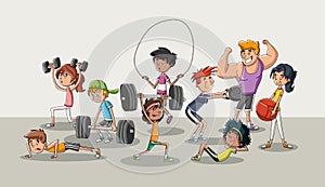 Cartoon athletes training crossfit.
