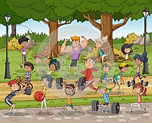 Cartoon athletes training in the park.