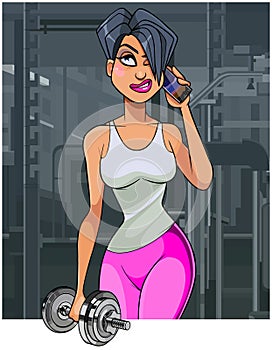 Cartoon athletic woman with dumbbells in hand talking on the phone