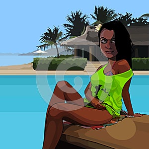 Cartoon attractive woman sitting poolside in the tropics