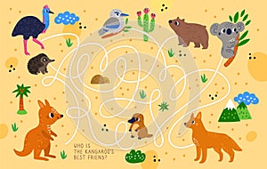 Cartoon Australian animals. Exotic fauna maze. Kids educational game. Children entertaining puzzle with funny creatures