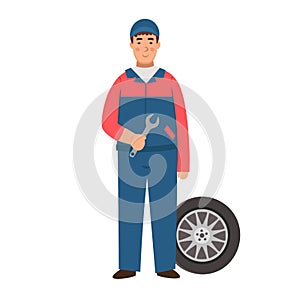 Cartoon auto mechanic with spanner and car wheel, character for children. Flat vector illustration