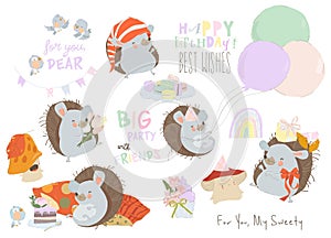 Cartoon Autumn Birthday Set with Cute Hedgehogs, Sweets and Gifts