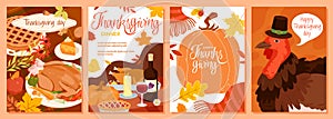 Cartoon autumn harvest and fall leaves pattern, rustic food for happy Thanksgiving dinner, turkey in hat. Happy