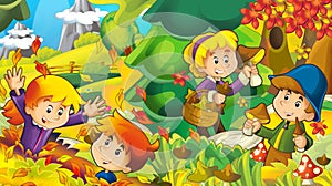 Cartoon autumn nature background with boy gathering mushrooms - illustration