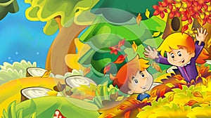 Cartoon autumn nature background with girl and boy gathering mushrooms and having fun with the falling leafs - illustration