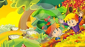 Cartoon autumn nature background with girl and boy gathering mushrooms and having fun with the falling leafs - illustration