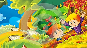 Cartoon autumn nature background with girl and boy gathering mushrooms and having fun with the falling leafs - illustration