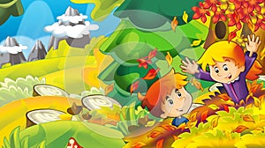 Cartoon autumn nature background with girl and boy gathering mushrooms and having fun with the falling leafs - illustration for