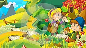 Cartoon autumn nature background with girl and boy gathering mushrooms - illustration