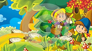 Cartoon autumn nature background with girl and boy gathering mushrooms - illustration