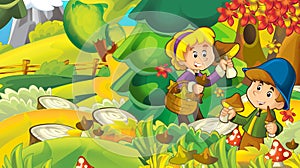 Cartoon autumn nature background with girl and boy gathering mushrooms - illustration