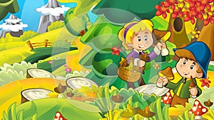 Cartoon autumn nature background with girl and boy gathering mushrooms - illustration