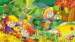 Cartoon autumn nature background with girl and boy gathering mushrooms - illustration