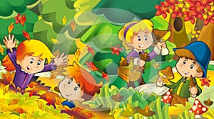 Cartoon autumn nature background with girl and boy gathering mushrooms - illustration