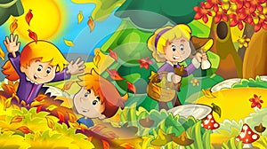 Cartoon autumn nature background with girl and boy gathering mushrooms - illustration