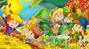Cartoon autumn nature background with girl and boy gathering mushrooms - illustration