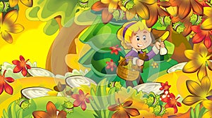 Cartoon autumn nature background with girl gathering mushrooms in the forest near the mountains - illustration