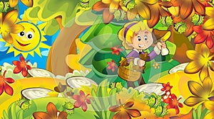 Cartoon autumn nature background with girl gathering mushrooms in the forest near the mountains - illustration