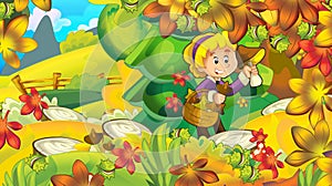 Cartoon autumn nature background with girl gathering mushrooms in the forest near the mountains - illustration