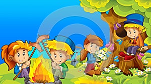 Cartoon autumn nature background with kids having fun with camping space for text