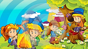 Cartoon autumn nature background with kids having fun with camping space for text