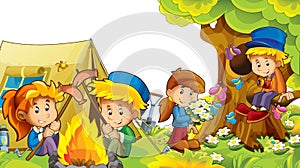 Cartoon autumn nature background with kids having fun with space for text - illustration